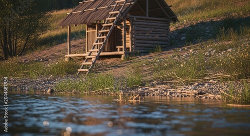Rustic Wooden Cabin on a Lakeside Hillside with Ladder and Water Reflection.