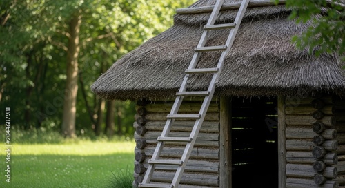 Rustic Wooden Cabin with Ladder in Lush Green Forest Setting.