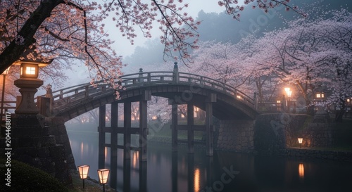 Serene Japanese Bridge at Dusk with Cherry Blossoms and Lanterns.