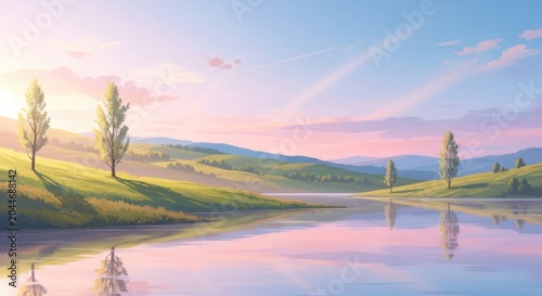 Serene Landscape Painting of a Tranquil Lake and Rolling Hills at Sunset.