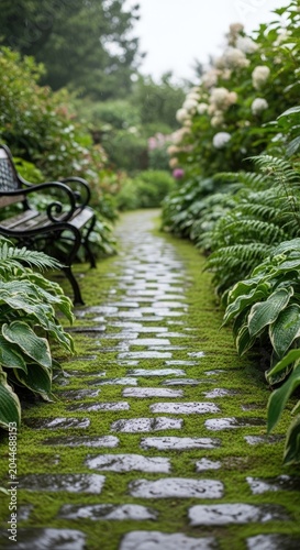 Serene Pathway Through a Lush Green Garden with Mossy Bricks and Foliage.
