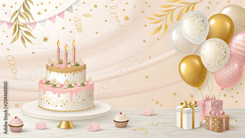 Elegant Birthday Scene with Cake, Balloons & Gifts