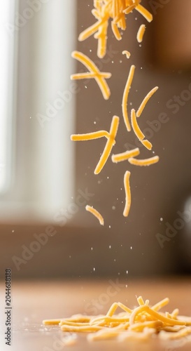 Shredded Cheddar Cheese Falling onto a Wooden Surface, Close Up.