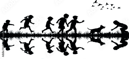 Obraz na płótnie Silhouette of Children and Dog Playing Outdoors Reflected on Water Vector Illust