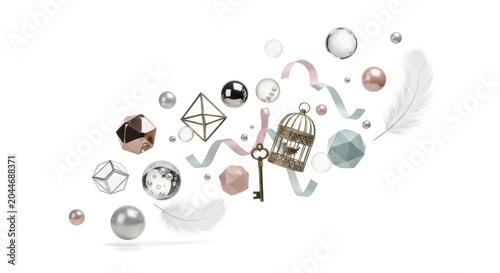 Surreal Composition of Geometric Shapes, Key, and Birdcage.
