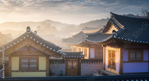 Traditional Korean Village Houses with Mountain Backdrop at Sunrise.