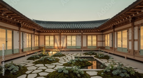 Tranquil Korean Courtyard - A Serene Architectural Oasis at Dusk.