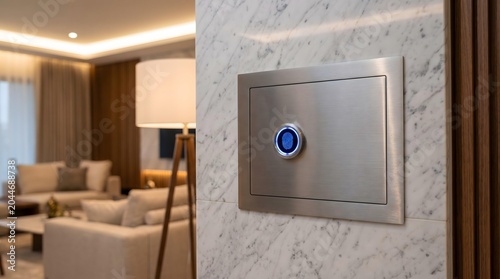 Modern fingerprint safe with biometric lock integrated into luxury living room marble wall.