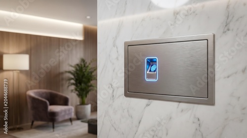 Biometric fingerprint scanner embedded in a marble wall within a modern, luxurious interior space.