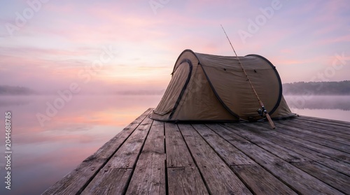 Serenity at dawn over a misty lake with a fishing tent set against a beautiful sunrise backdrop.