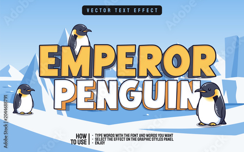 Emperor Penguin Editable Text Effect with Cute Penguins in Icy Landscape.