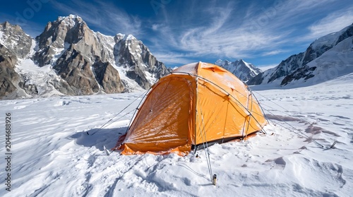Orange tent on snowy landscape with rugged mountain peaks under a dramatic blue sky.