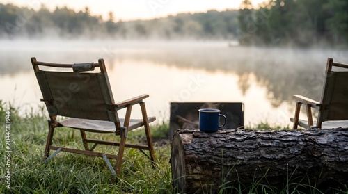 Misty morning at lakeside campsite with chairs and steaming mug on log, peaceful and tranquil atmosphere.