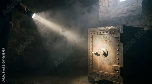 A person shines a flashlight on a large old safe in a dim, dusty, mysterious basement.