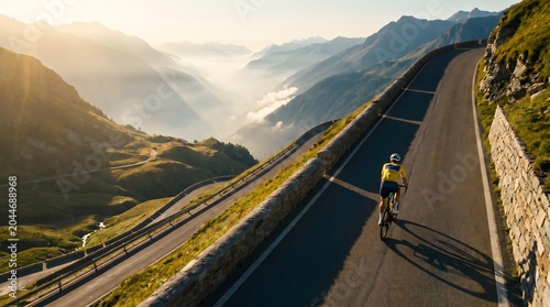 Cyclist climbs winding mountain road at sunrise in a scenic landscape filled with mist and sunlight.