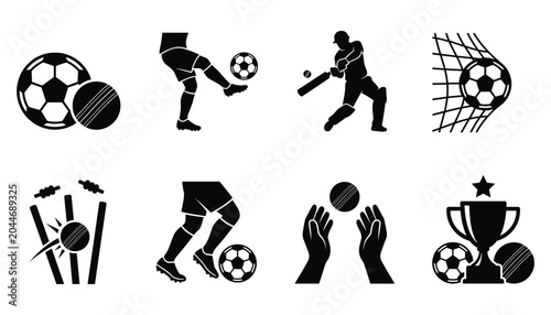 Active athlete silhouettes and sport trophies vector illustration set for football and cricket art.
