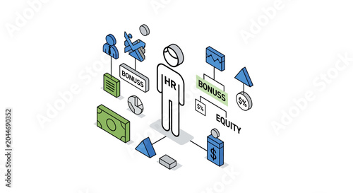 Isometric illustration of human resources and financial concepts.