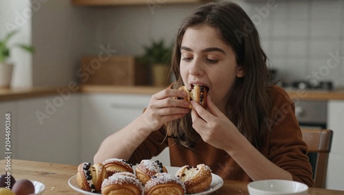 Young woman enjoys a sweet bun while sitting at a table in the kitchen