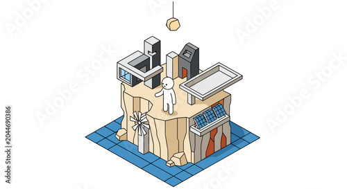 Isometric illustration of futuristic modular building structure.