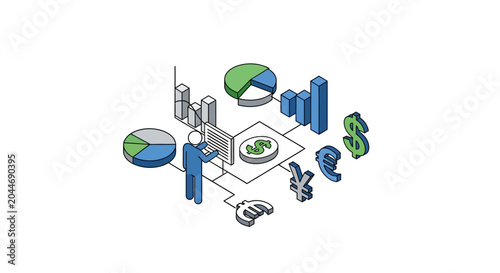 Isometric technology and business data analytics illustration elements.