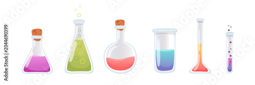 Chemistry lab tubes. Chemistry lab equipment with test tubes and flasks filled with colorful liquids. 3D scientific glassware cartoon vector illustration for laboratory research and experiments.
