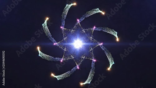 Abstract glowing particle swirl with a bright central light in a dark cosmic setting, resembling a star or vortex.