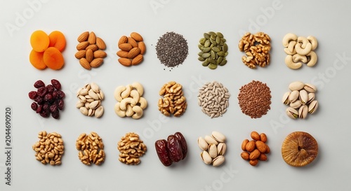 Variety of nuts and seeds displayed.