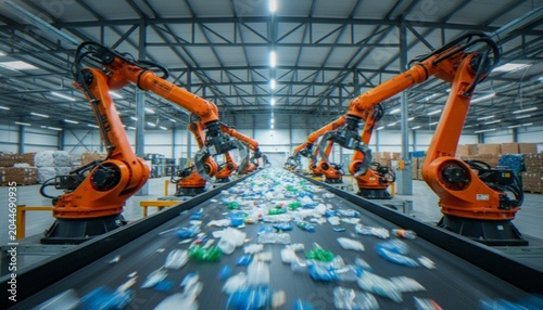 Fotografía Industrial robotic arms automated in a modern recycling facility sorting plastic waste on a conveyor belt