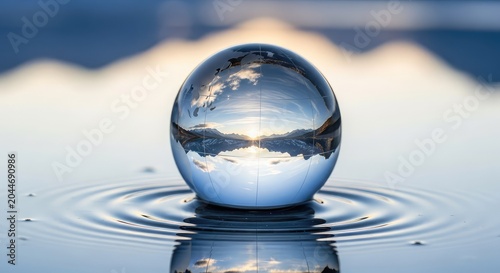 A clear crystal globe rests on tranquil water, reflecting a sharp inverted landscape of distant peaks and soft clouds in a serene setting, nature, minimalist, blue