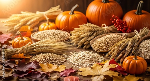 Autumn harvest with pumpkins and grains.