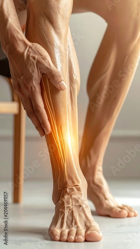 Man experiencing calf muscle pain and discomfort with glowing orange highlights.