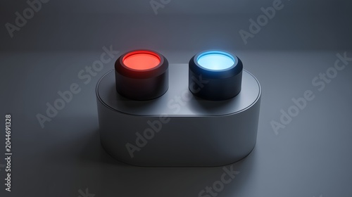 Minimalist choice concept background with two glowing red and blue switches