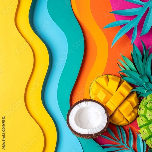 Paper cut summer tropical background with coconut mango pineapple and palm leaves with copy space