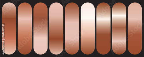 Copper gradients collection. Luxury set of pale copper gradient swatches. Metallic textures with polished foil shine and satin smooth. Premium design palette