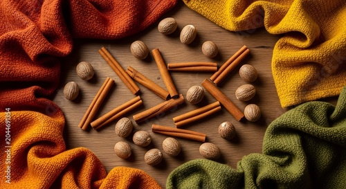 Cinnamon Sticks and Nutmeg on Fabric.
