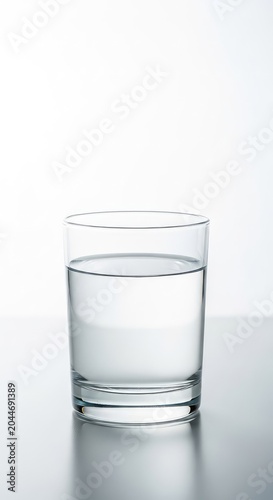 A pristine glass of transparent drinking water sits isolated on a solid white surface, captured from a straight front angle for clarity, vessel, beverage, single