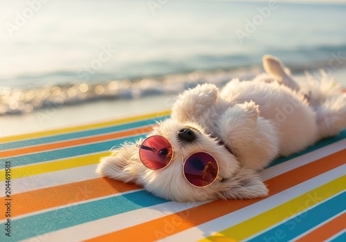 A small fluffy dog wearing stylish sunglasses relaxes on a bright striped beach lounger under the golden summer sun by the blue ocean water, ocean, adorable, small