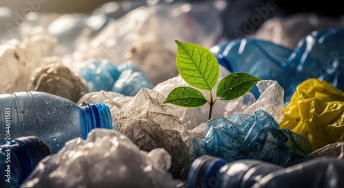 A small vibrant green leaf grows through a pile of discarded plastic waste and bottles, representing natural resilience and hopeful future, hope, impact, conservation
