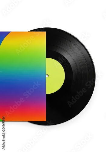 Classic black vinyl record and paper sleeve laying on a clean white background, high-angle view, perfect for music album cover mockups, retro, artistic, simplicity