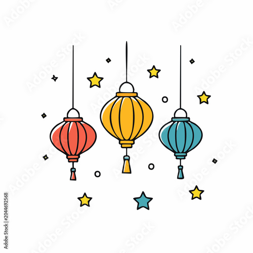 Three colorful hanging lanterns with stars