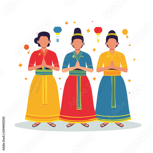 Three women in traditional clothing greeting