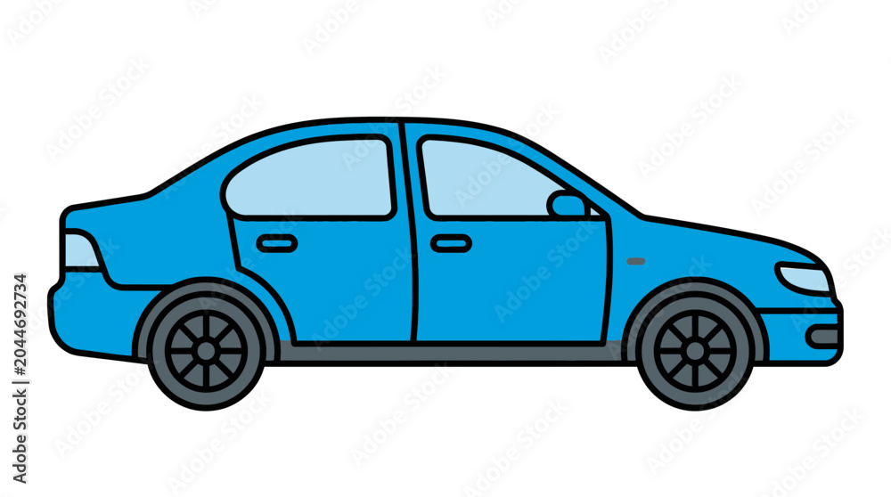 Fototapeta premium Blue sedan car, vector automobile, transportation icon, cartoon vehicle