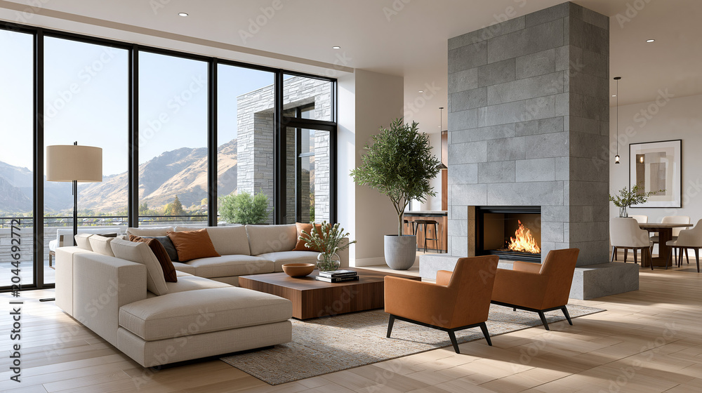 Fototapeta premium modern architectural masterpiece interior with expansive glazing and sophisticated residential styling