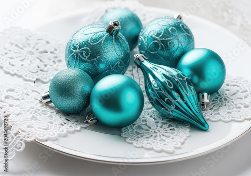 Elegant teal Christmas ornaments on a white ceramic plate with delicate lace accents create a sophisticated winter holiday home decoration, elegant, texture, seasonal
