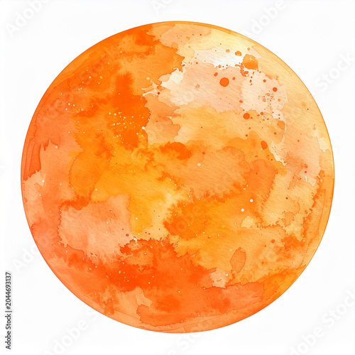 Soft watercolor painting of surreal orange planet, isolated on white, cosmic theme, subtle galaxy details, artistic illustration.