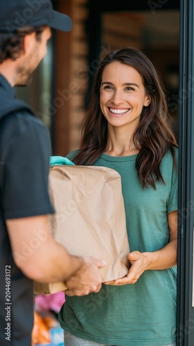 A smiling woman receives a parcel at her front door, creating a sense of trust for an advert promoting delivery services and online shopping.