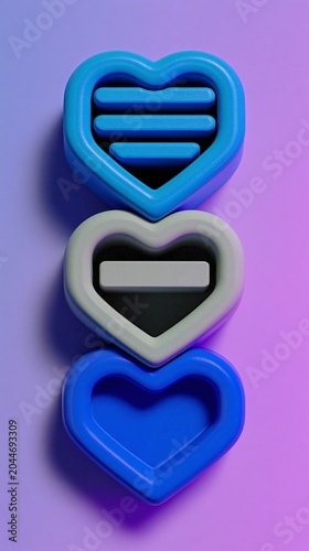 Three 3D hearts featuring loading icons against a purple gradient provide a modern backdrop for app interfaces and digital love themes.