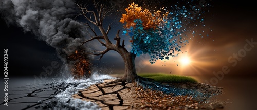 The tree is split in two: one side is engulfed in smoke, the other is blooming in the sunshine, symbolising the climate crisis as a dramatic backdrop to environmental campaigns.