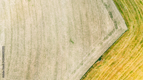 Wide aerial view of harvested farmland with diagonal field edge