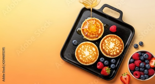 Golden cottage cheese pancakes sizzle on a hot iron griddle, served with fresh mixed berries and a honey drizzle for a healthy morning meal, sizzling, appetizing, wooden